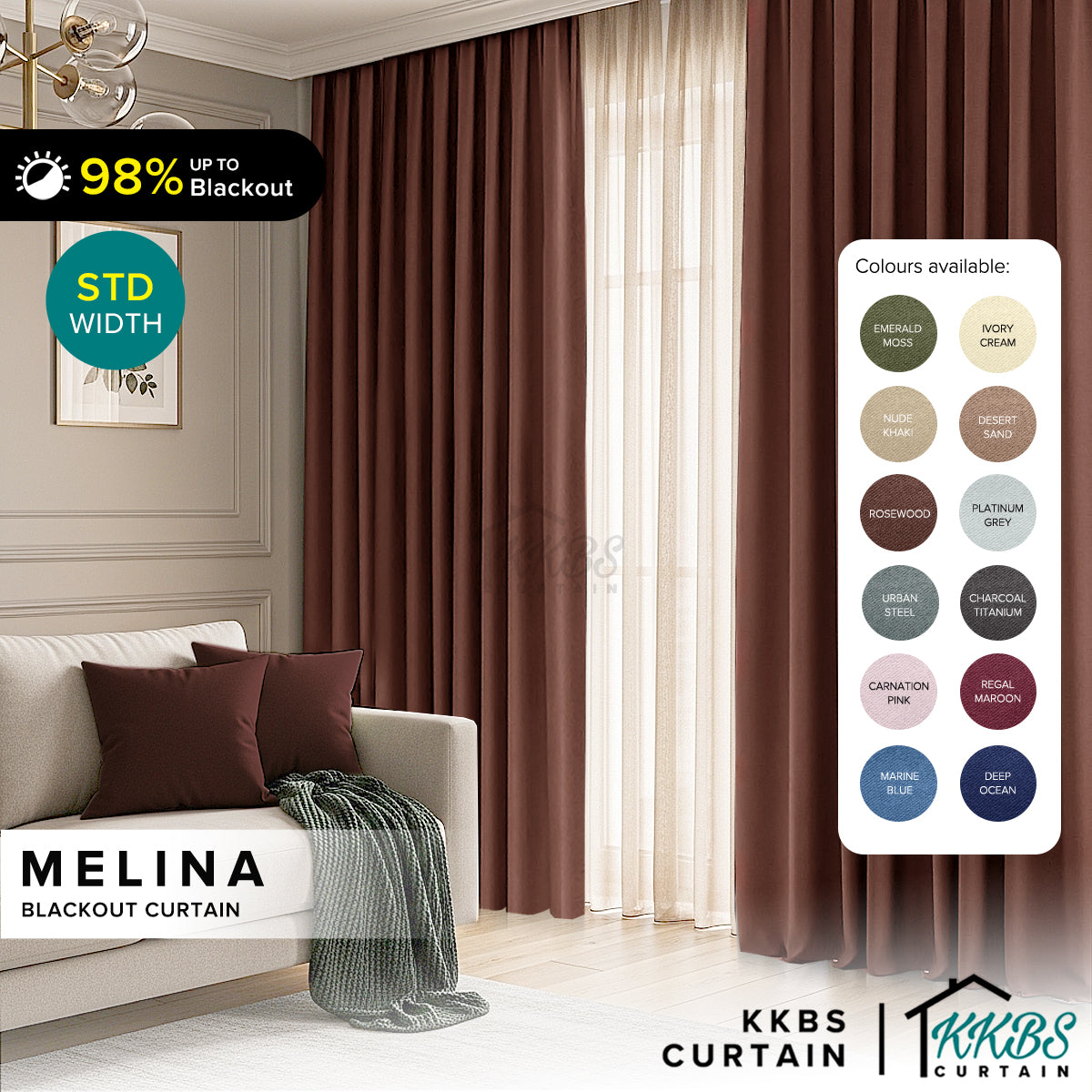 Melina 90-98% Blackout Curtain Ready Made Hook &amp; Eyelet - Std Width