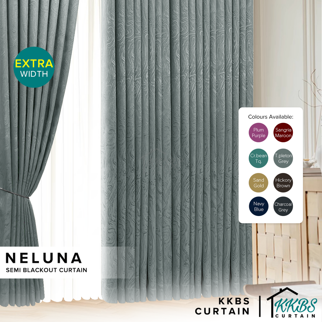 Neluna Semi Blackout Curtain Ready Made Extra Width