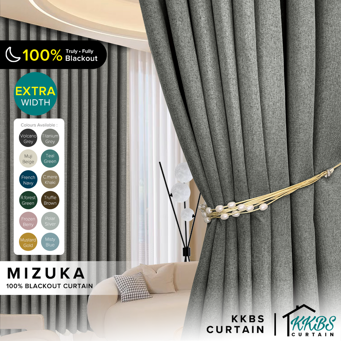 Mizuka 100% Blackout Curtain Ready Made Extra Width