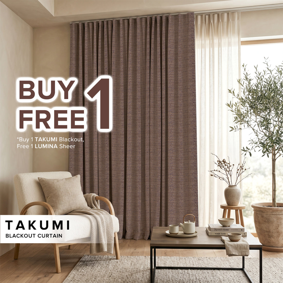 Takumi 95%+ Langsir Siap Gelap Sepenuhnya - Lebar Standard